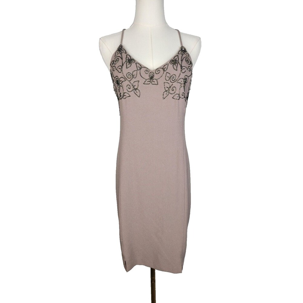 Zelda Y2K Beaded Floral Slip Dress Size 8 Beige Taupe Made in USA Vtg Mini
